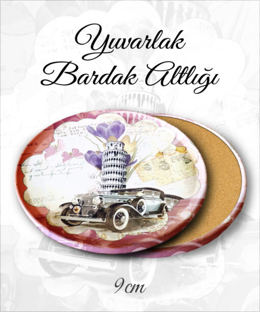 araba desenli yuvarlak bardakaltı