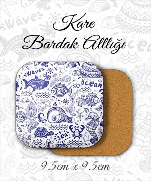 balık desenli metal kare bardakaltı