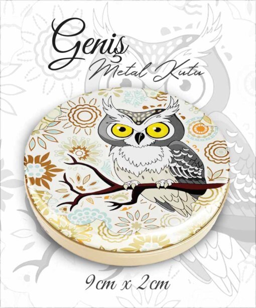 baykuş desenli geniş metal kutu