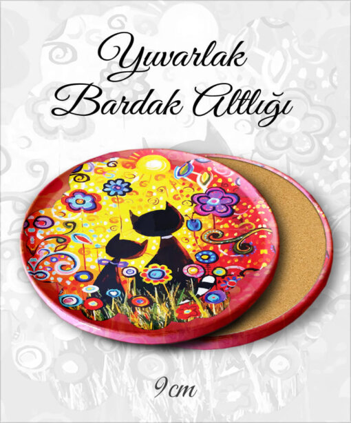 kedi desenli yuvarlak bardakaltı