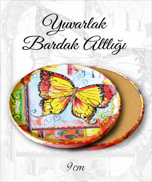 kelebek desenli yuvarlak bardakaltı