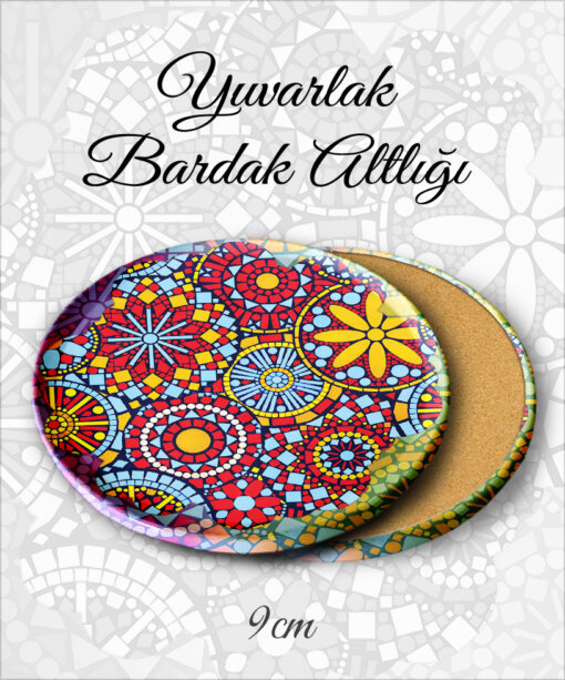 mandala desenli yuvarlak bardakaltı