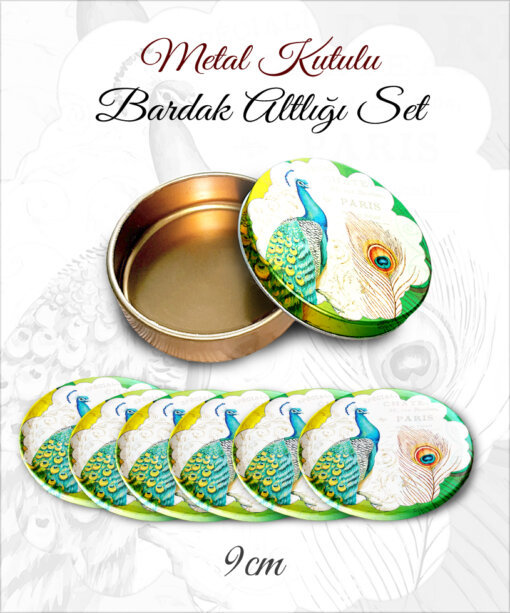 tavuskuşu desenli yuvarlak bardakaltı set