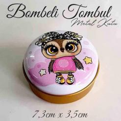 kids pembe baykuş desenli bombeli metal kutu