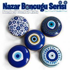 Nazar Boncuğu Desenli Bombeli Metal Kutu (1 Koli=100 adet)
