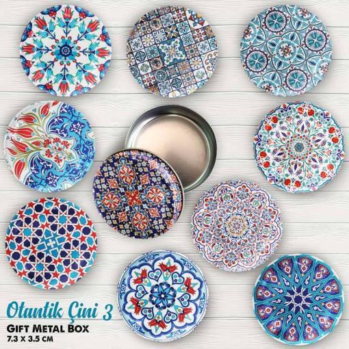 Otantik Çini Desenli Bombeli Metal Kutu