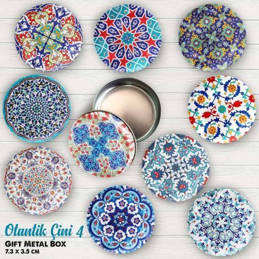 Otantik Çini Desenli Bombeli Metal Kutu
